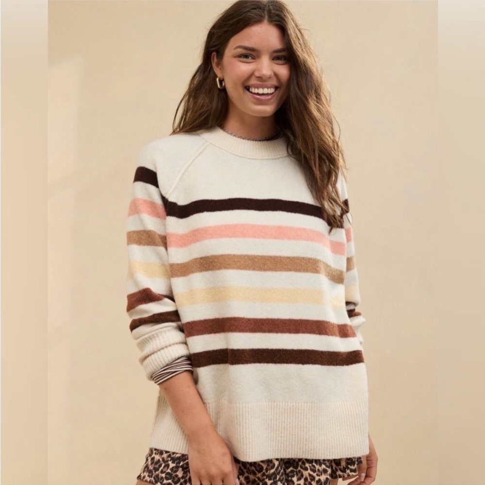 aerie Cream Multicolor Striped Crewneck Sweater